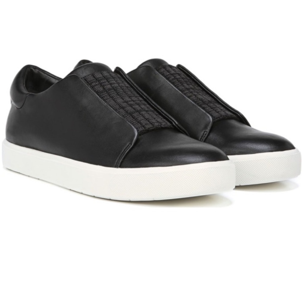 Vince Cantera Black Leather Top Knit Stretch Panel Slip On Sneaker Size 7.5M